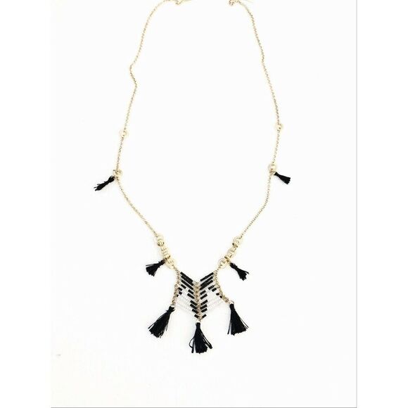 Anthropologie Massai Bead Fringe BlK WHite GOld Chain Necklace NWT $28 Set of 2 - Picture 1 of 3